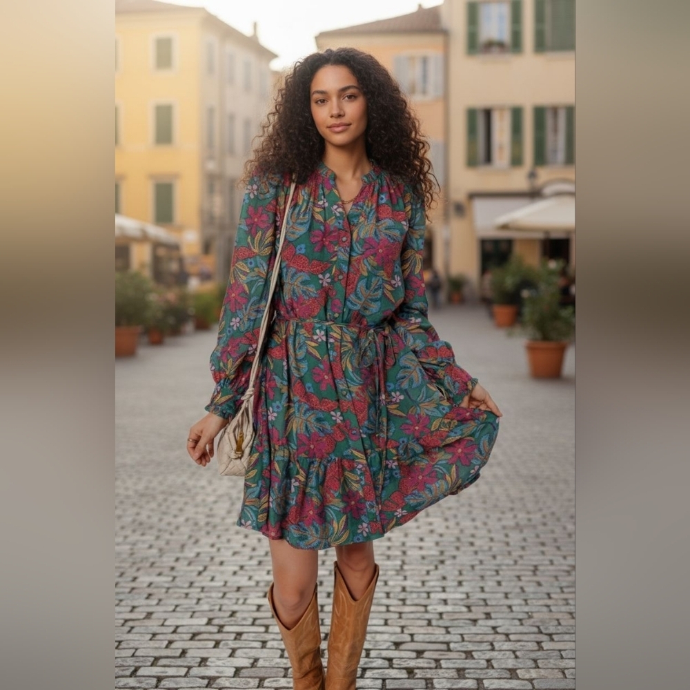 Leaf Print Ruffle Mini Dress